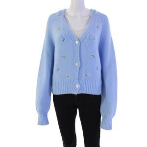 English Factory Womens Button Up Floral Embroidered Cardigan Sweater Blue Small